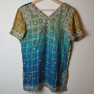 Handmade Ombre Silk Top with Beading and Rhinestones Size M-L